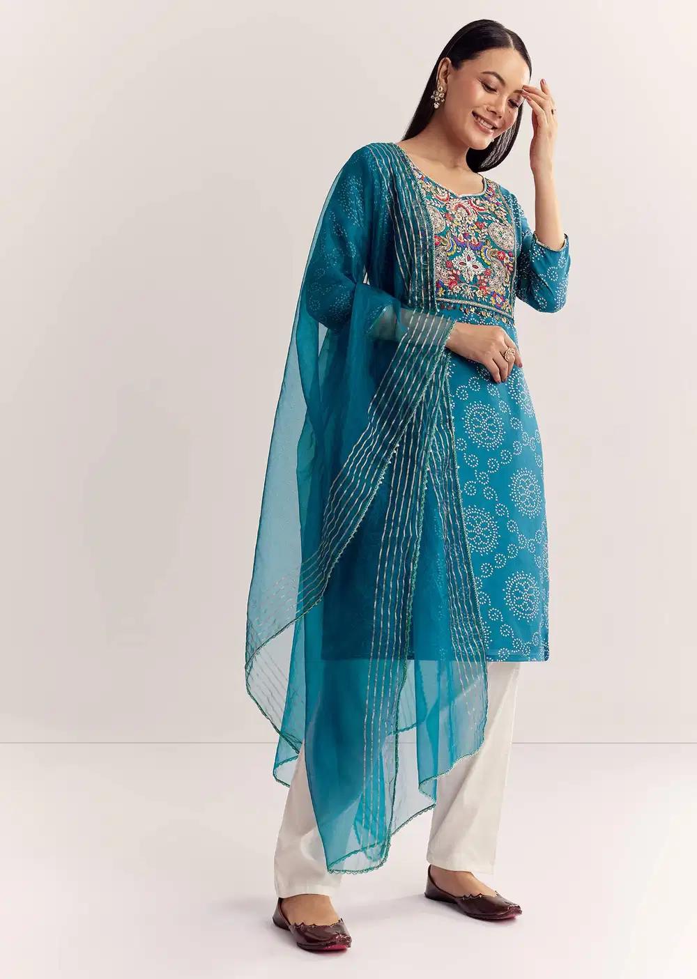 Blue Dola Silk Printed Kurta Dupatta Ensemble With Embroidered Neckline Outfit