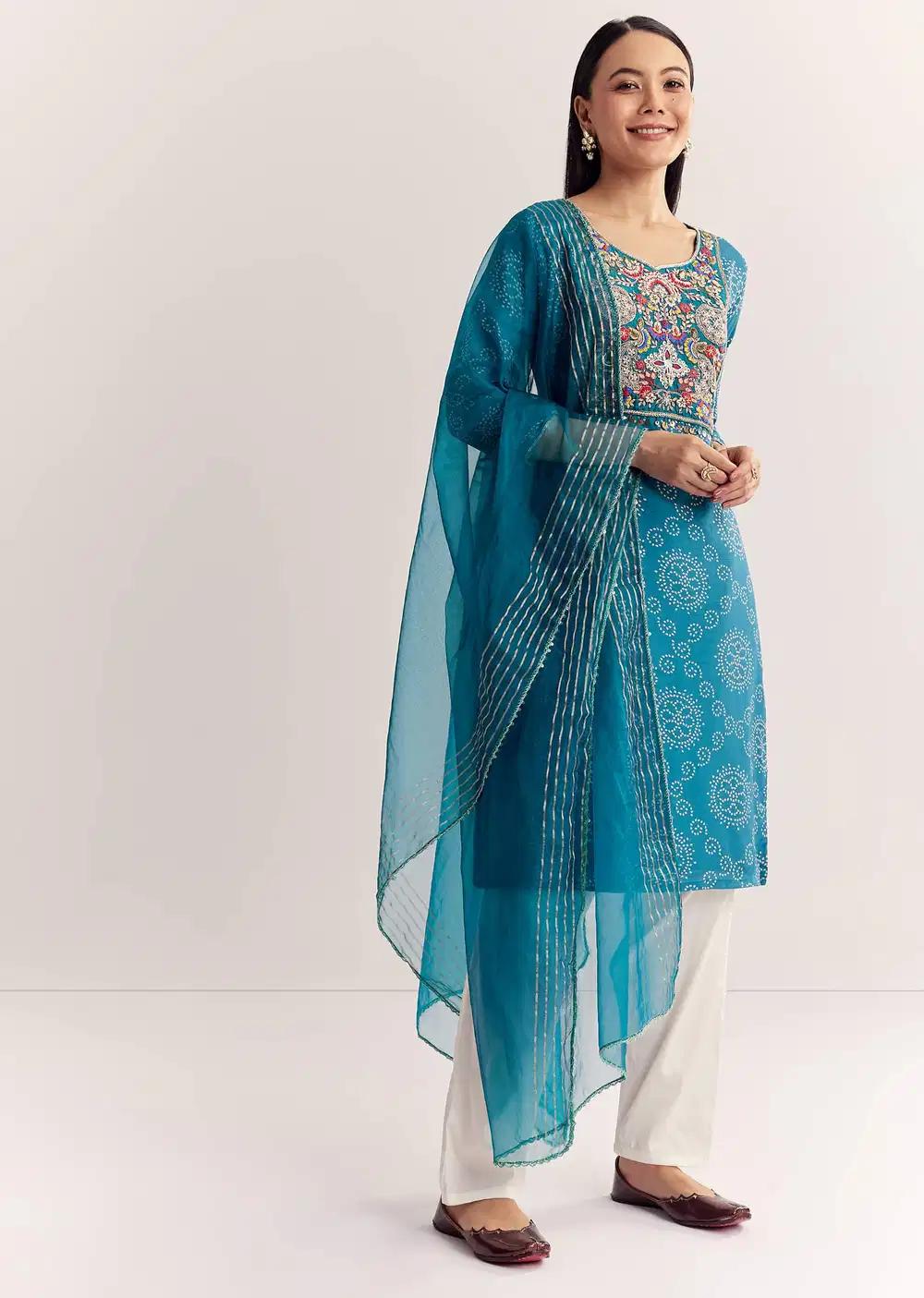Blue Dola Silk Printed Kurta Dupatta Ensemble With Embroidered Neckline Outfit