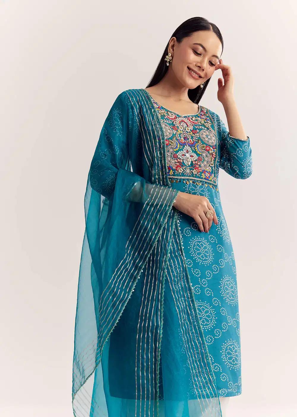 Blue Dola Silk Printed Kurta Dupatta Ensemble With Embroidered Neckline Outfit