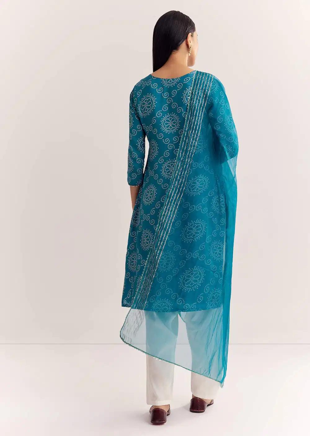 Blue Dola Silk Printed Kurta Dupatta Ensemble With Embroidered Neckline Outfit