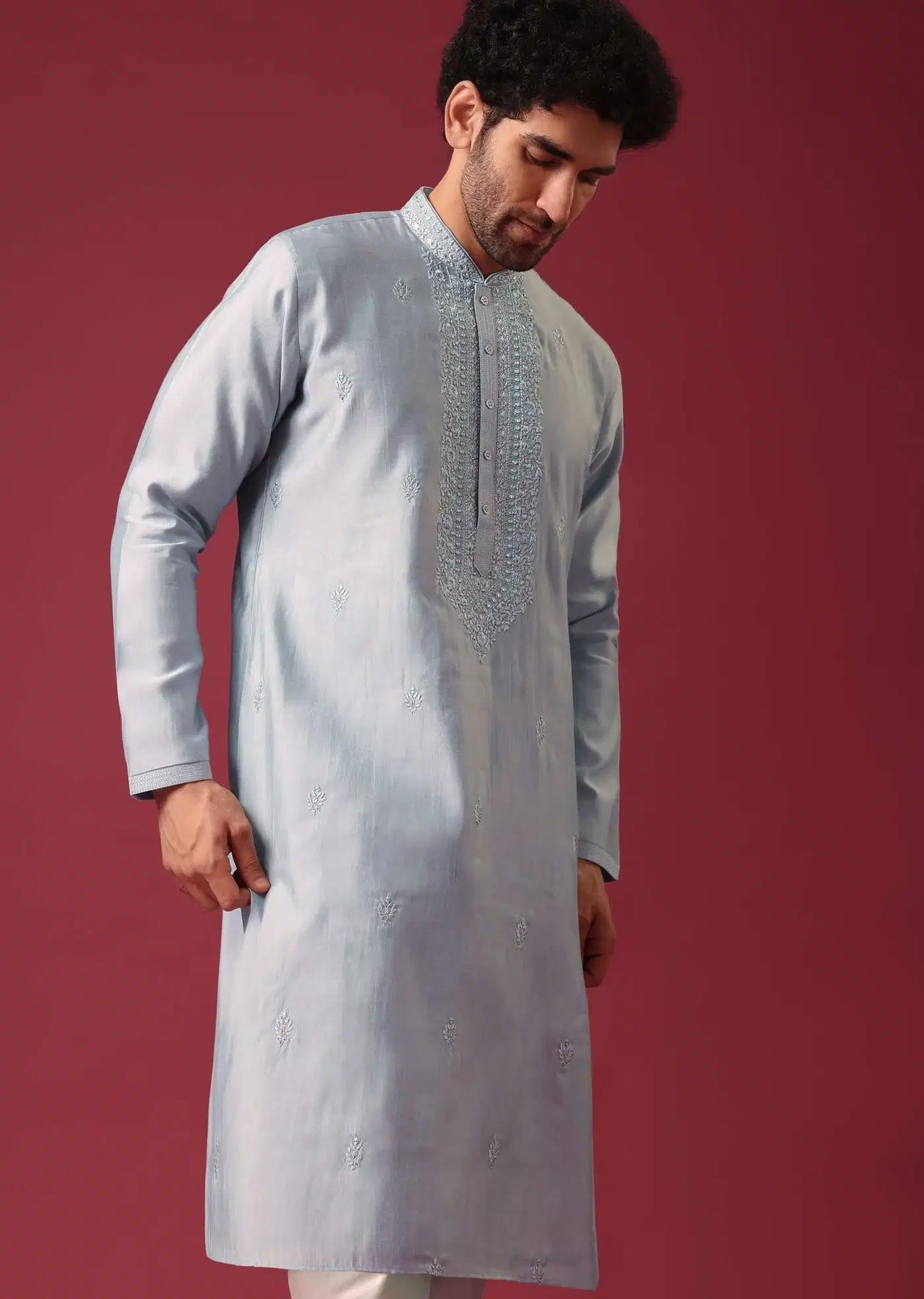 Blue Embroidered Kurta Set In Silk Elegant Designer Kurta Sets