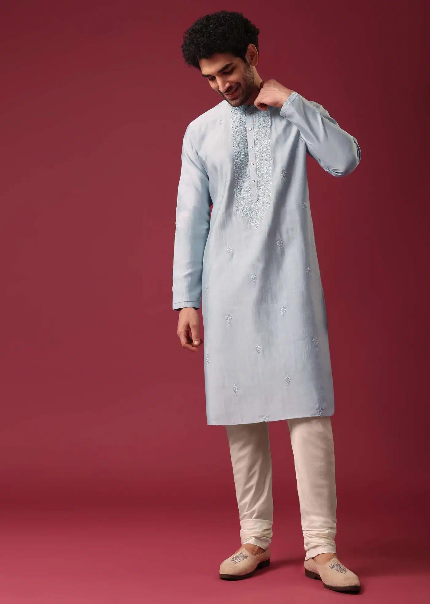 Blue Embroidered Kurta Set In Silk Elegant Designer Kurta Sets