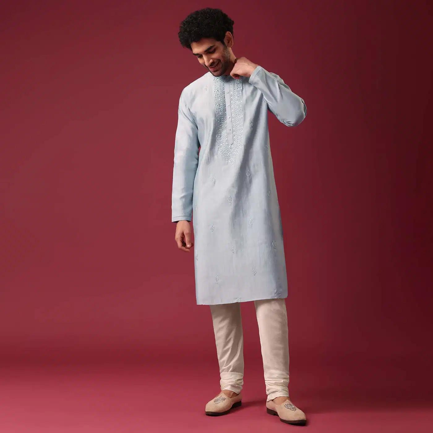 Blue Embroidered Kurta Set In Silk Elegant Designer Kurta Sets