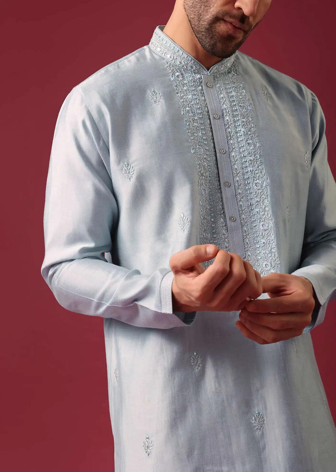 Blue Embroidered Kurta Set In Silk Elegant Designer Kurta Sets