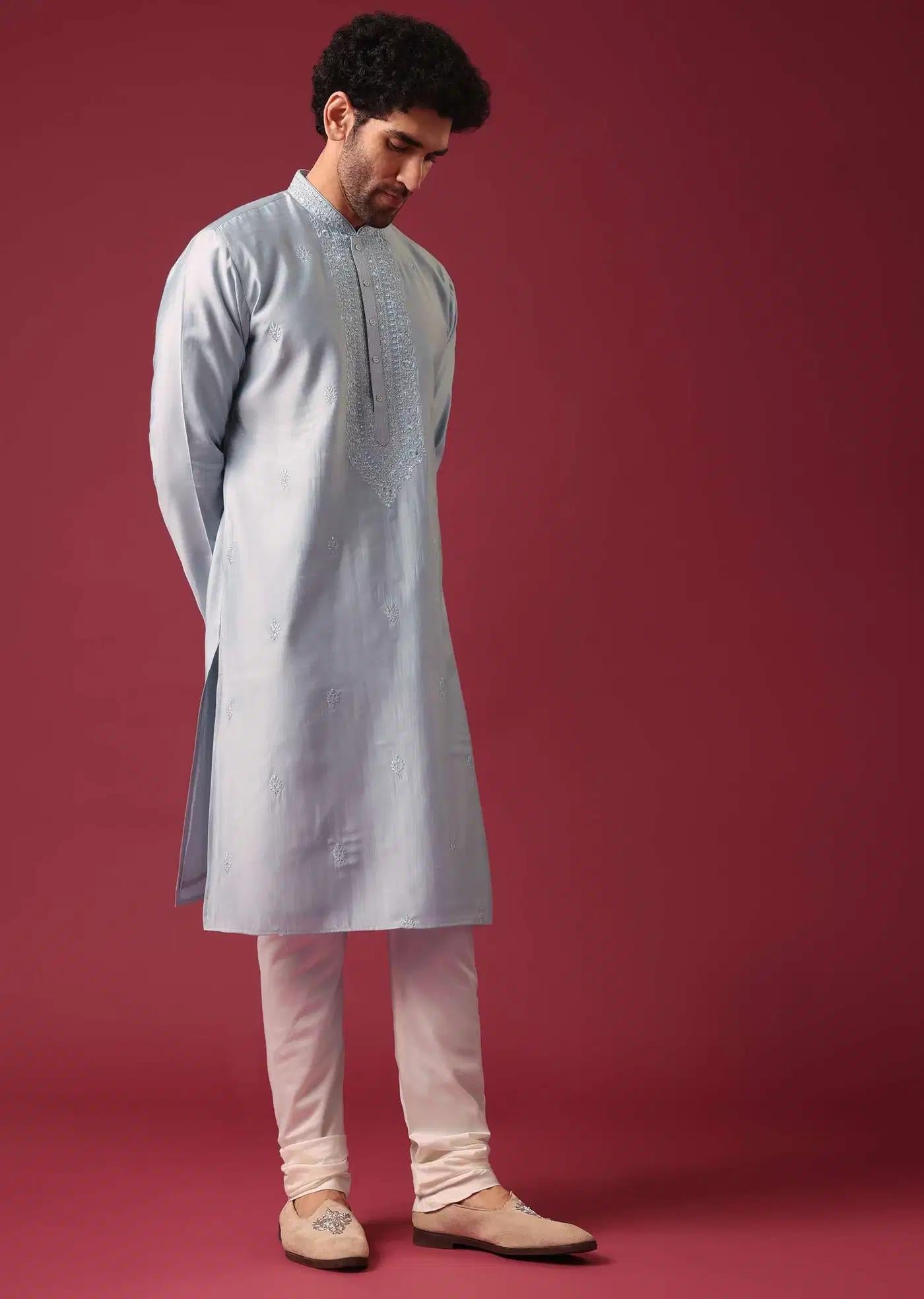 Blue Embroidered Kurta Set In Silk Elegant Designer Kurta Sets