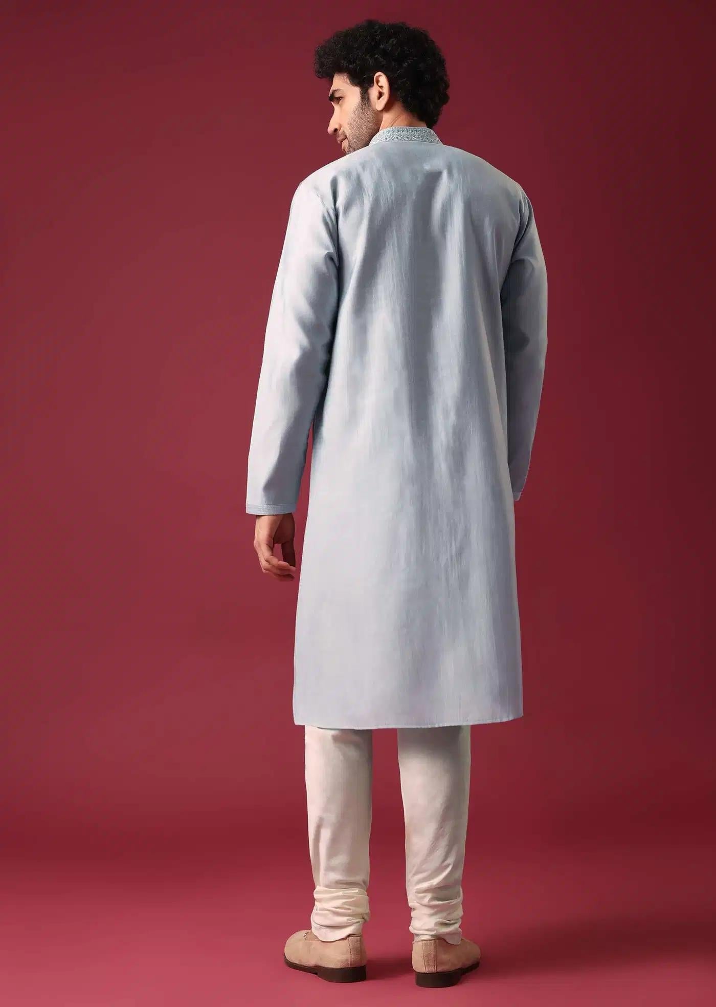 Blue Embroidered Kurta Set In Silk Elegant Designer Kurta Sets