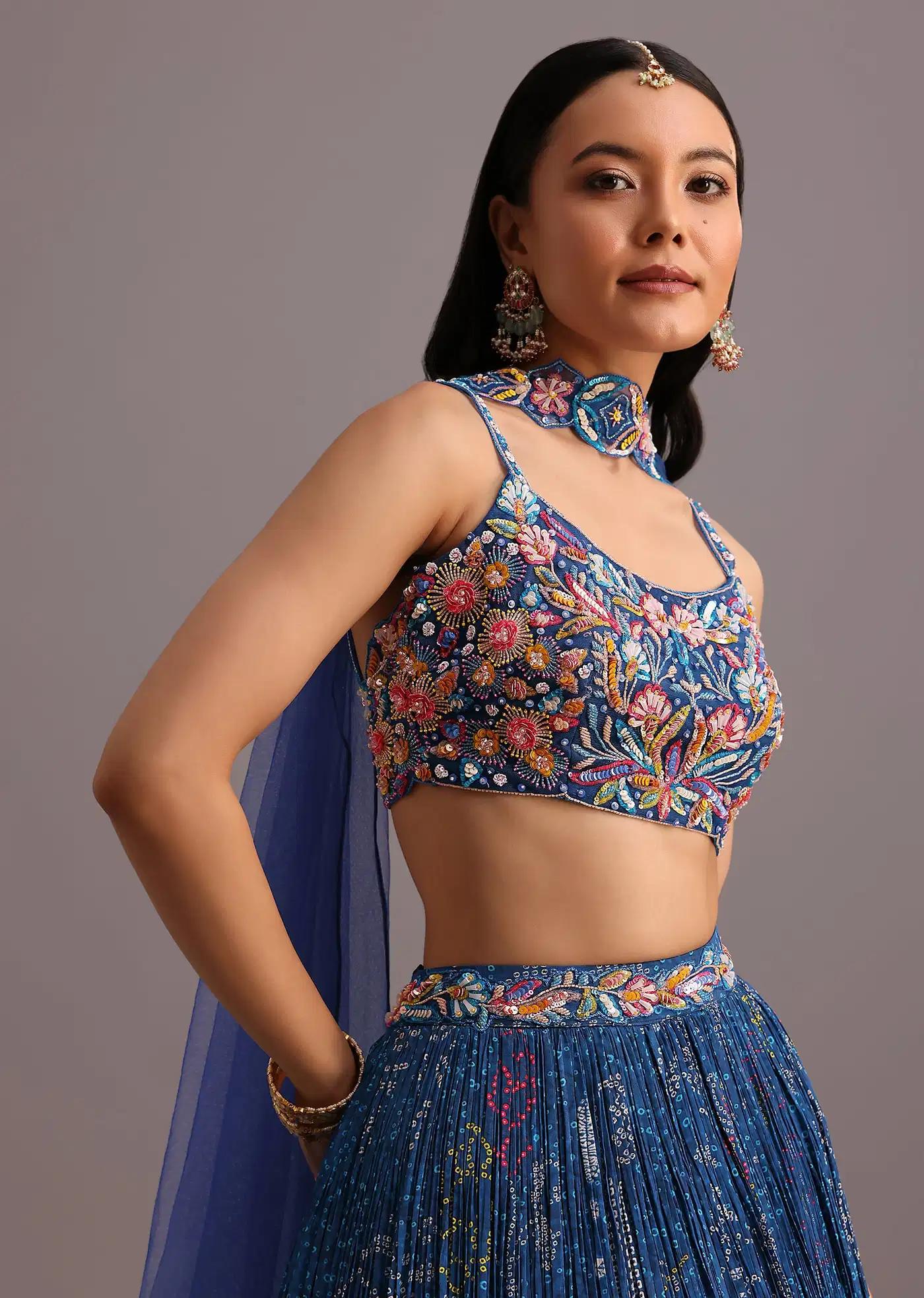 Blue Hand Handcrafted Blouse Featuring Bandhani Print Lehenga Skirt Choker Net Drape