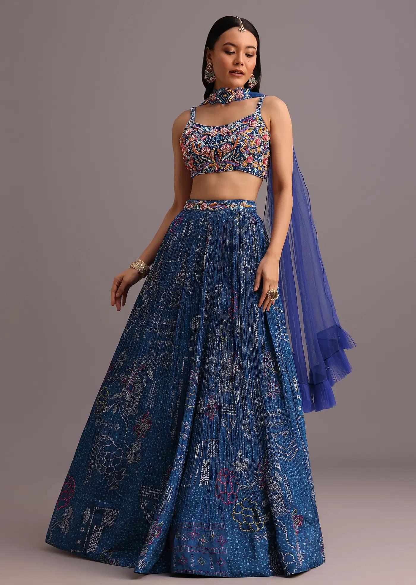 Blue Hand Handcrafted Blouse Featuring Bandhani Print Lehenga Skirt Choker Net Drape