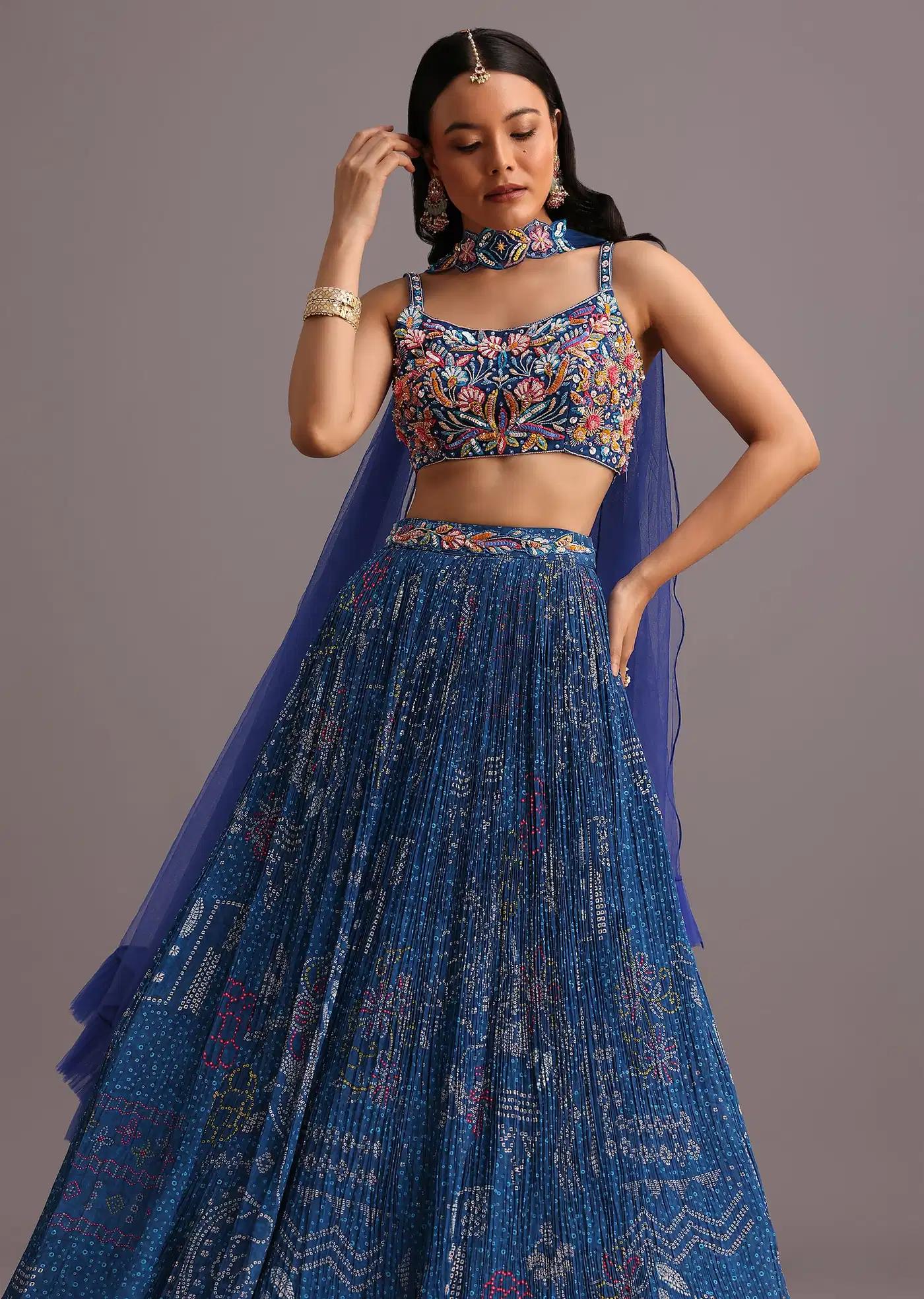Blue Hand Handcrafted Blouse Featuring Bandhani Print Lehenga Skirt Choker Net Drape
