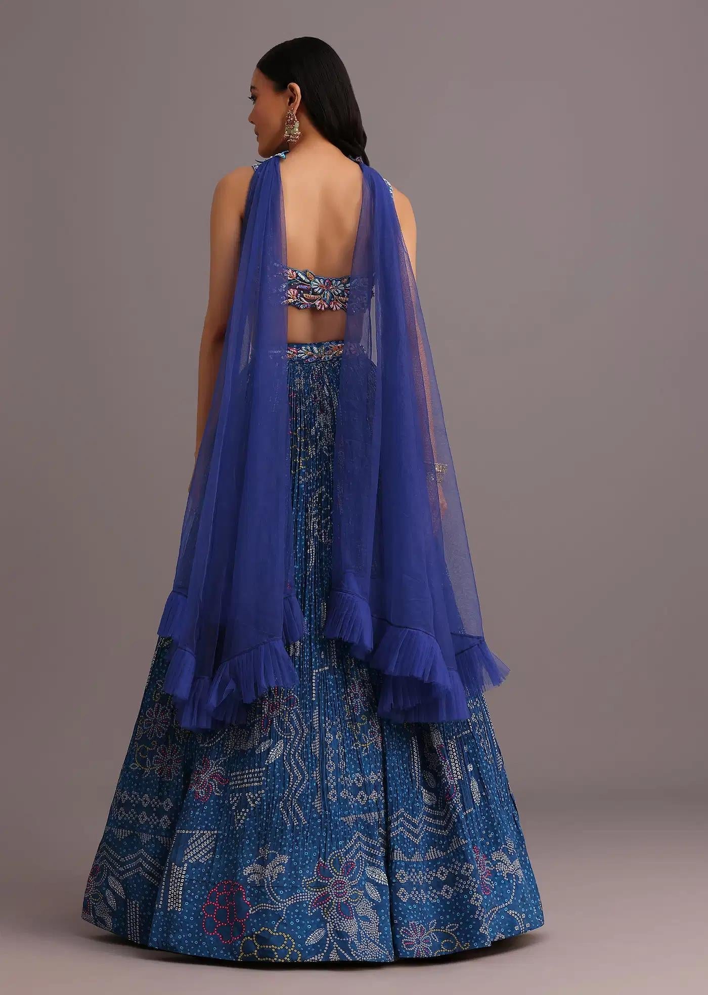 Blue Hand Handcrafted Blouse Featuring Bandhani Print Lehenga Skirt Choker Net Drape