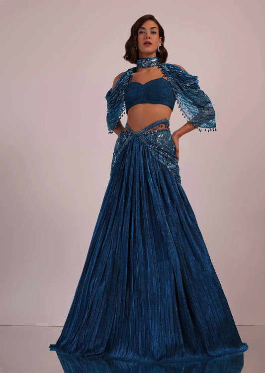 Blue Handcrafted Bridal Lehenga Skirt Blouse Ensemble In Crushed Shimmer
