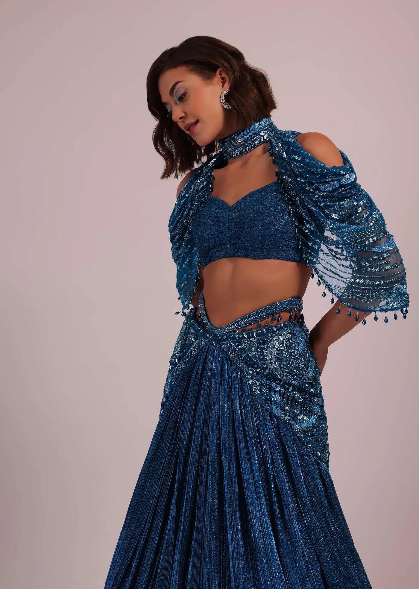 Blue Handcrafted Bridal Lehenga Skirt Blouse Ensemble In Crushed Shimmer