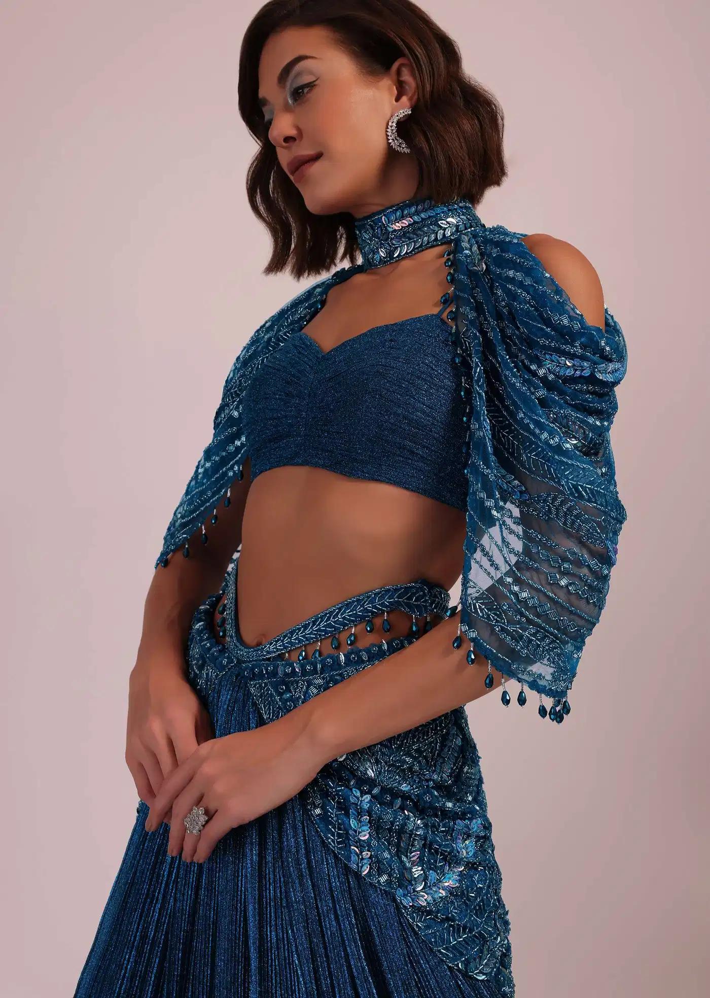 Blue Handcrafted Bridal Lehenga Skirt Blouse Ensemble In Crushed Shimmer