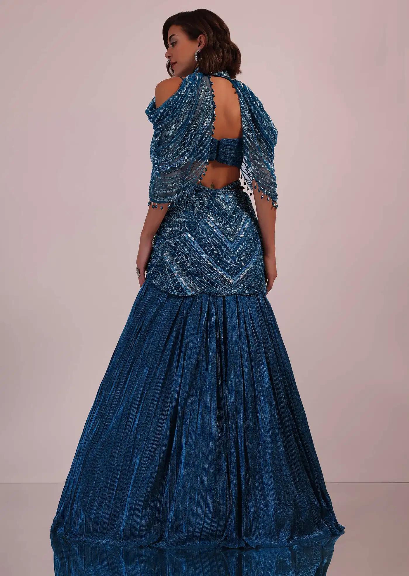 Blue Handcrafted Bridal Lehenga Skirt Blouse Ensemble In Crushed Shimmer
