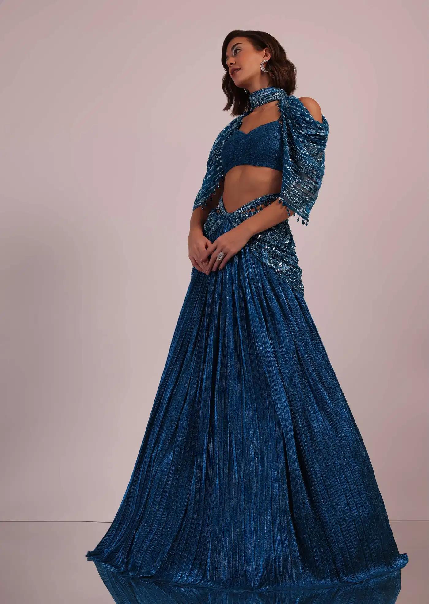 Blue Handcrafted Bridal Lehenga Skirt Blouse Ensemble In Crushed Shimmer