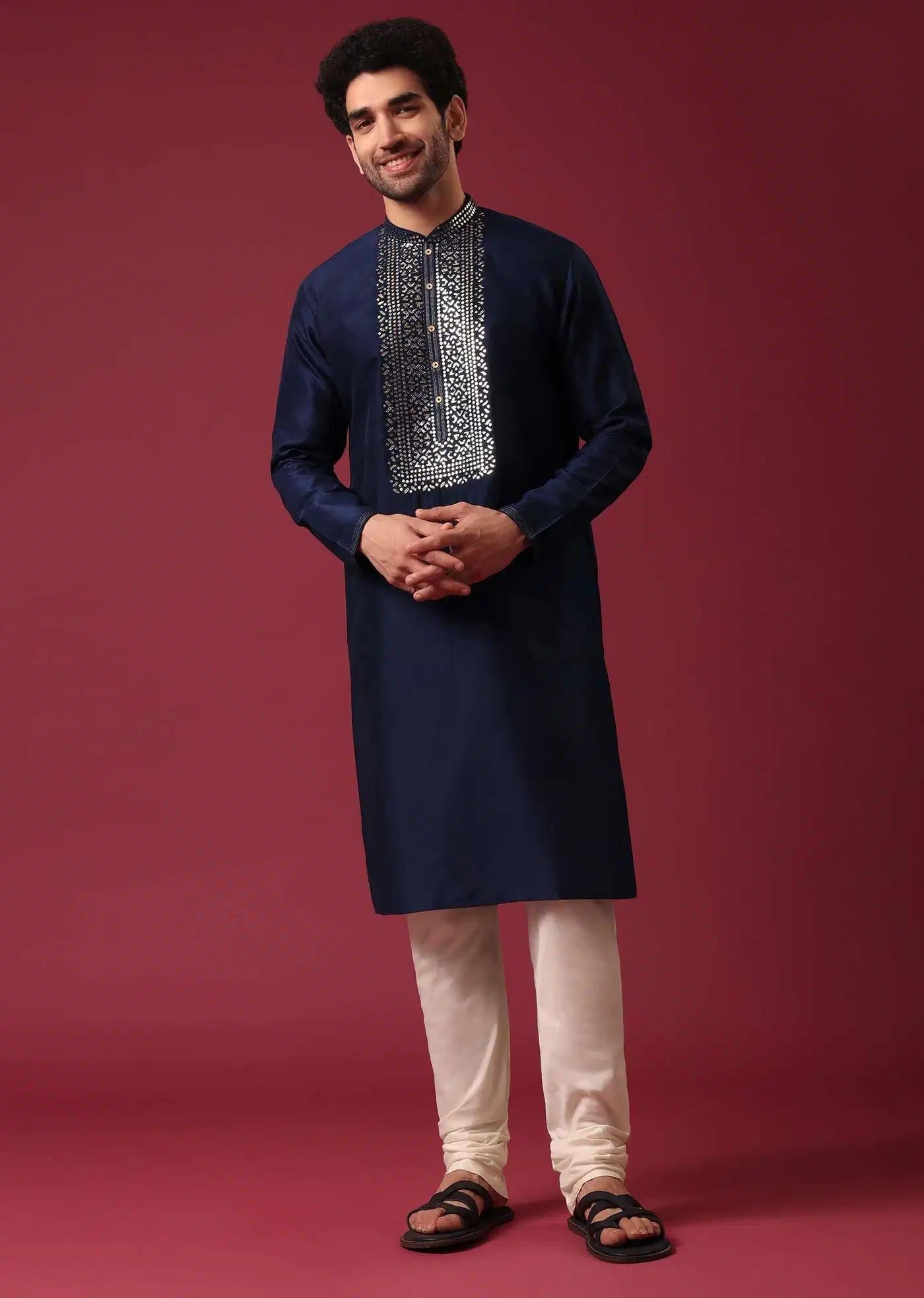 Blue Kurta Set In Silk With Leather Work Elegant Designer Kurta Sets