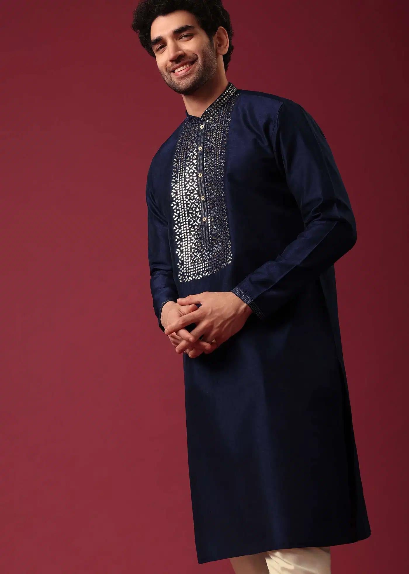 Blue Kurta Set In Silk With Leather Work Elegant Designer Kurta Sets