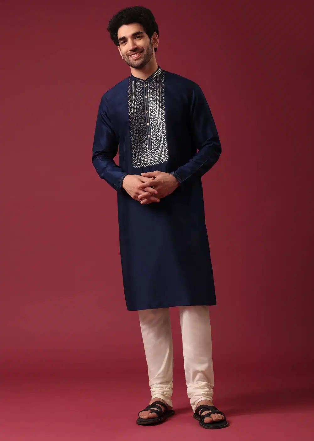 Blue Kurta Set In Silk With Leather Work Elegant Designer Kurta Sets