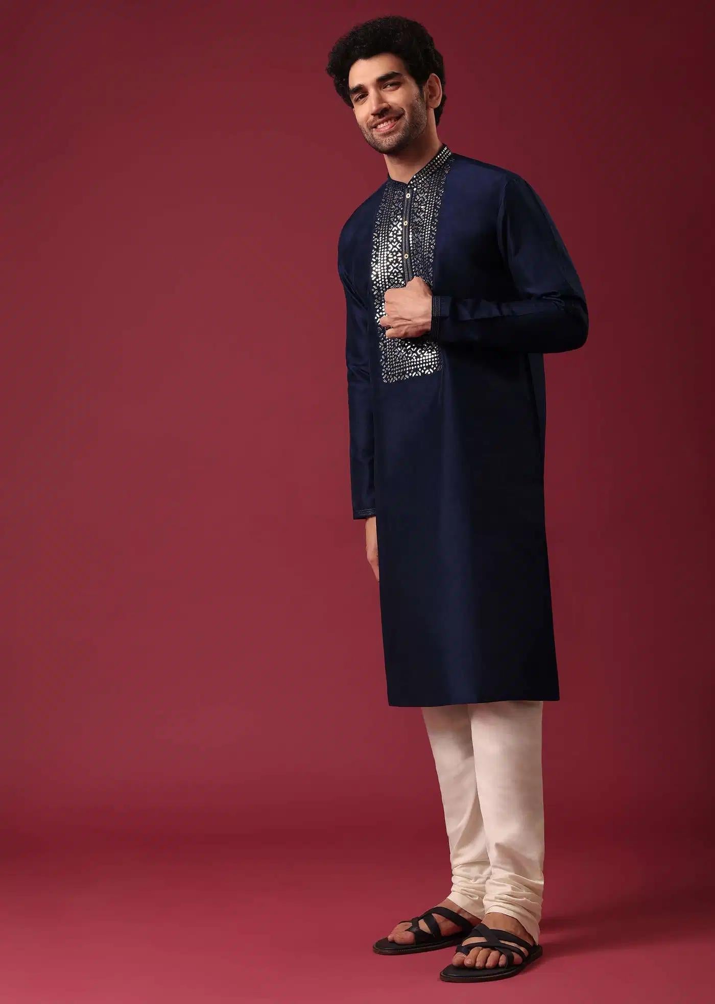 Blue Kurta Set In Silk With Leather Work Elegant Designer Kurta Sets