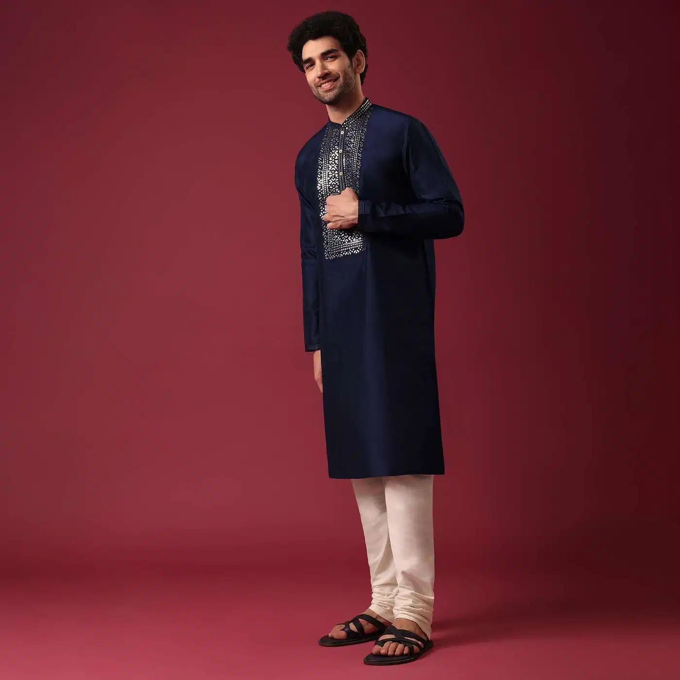 Blue Kurta Set In Silk With Leather Work Elegant Designer Kurta Sets