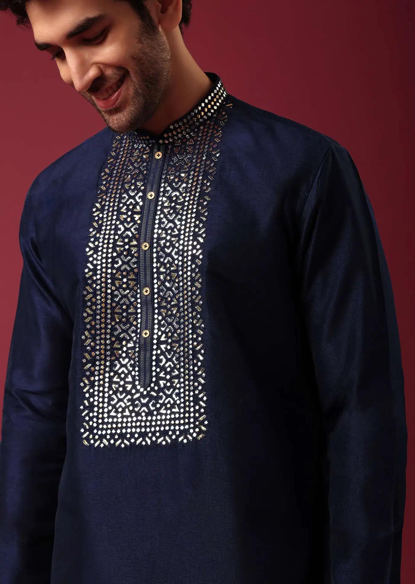 Blue Kurta Set In Silk With Leather Work Elegant Designer Kurta Sets