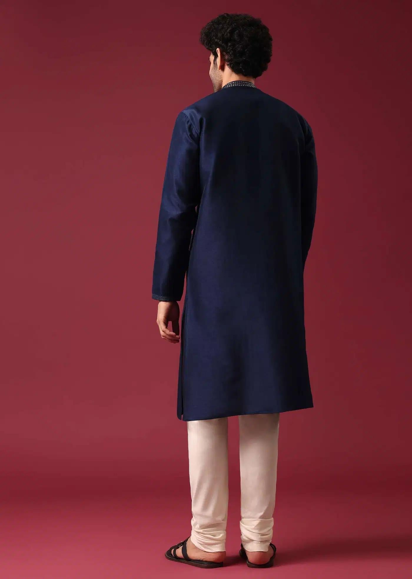 Blue Kurta Set In Silk With Leather Work Elegant Designer Kurta Sets