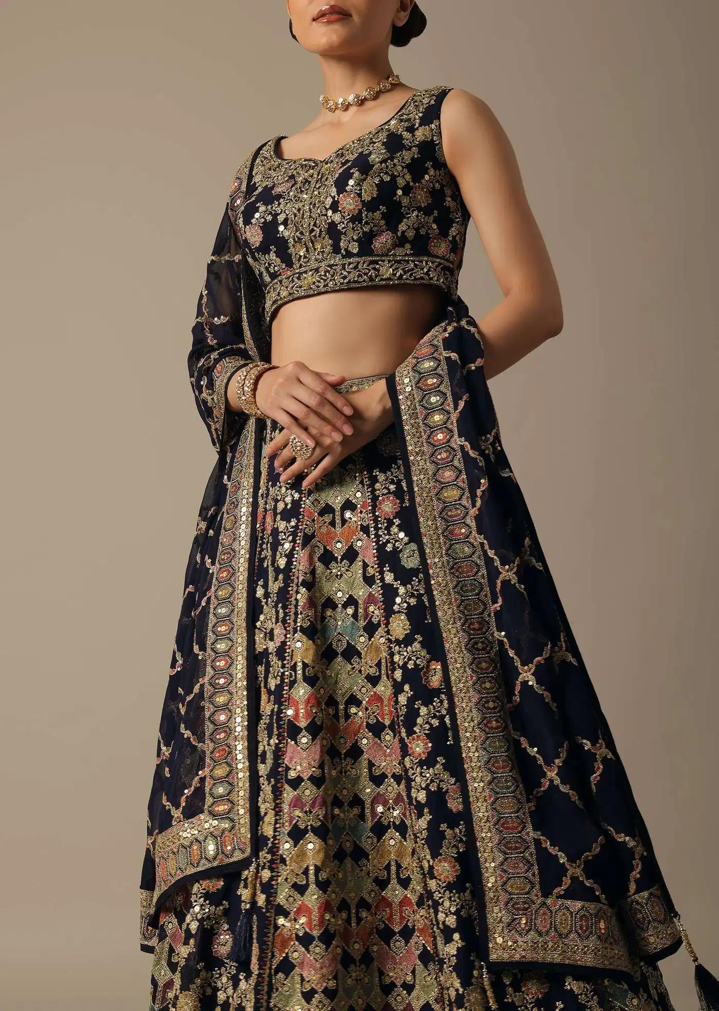 Blue Lehenga Skirt Ensemble Featuring Cutdana Work