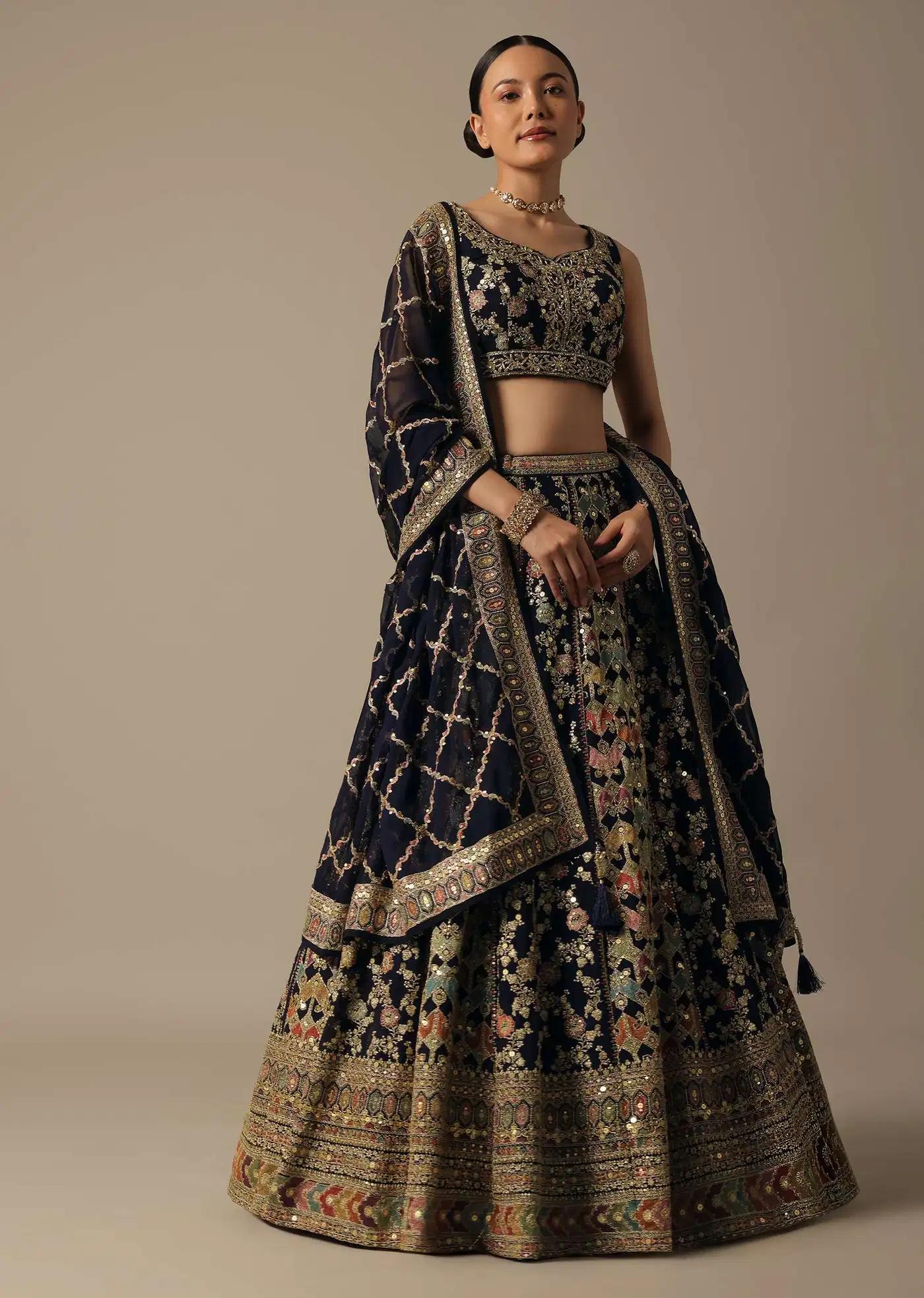 Blue Lehenga Skirt Ensemble Featuring Cutdana Work