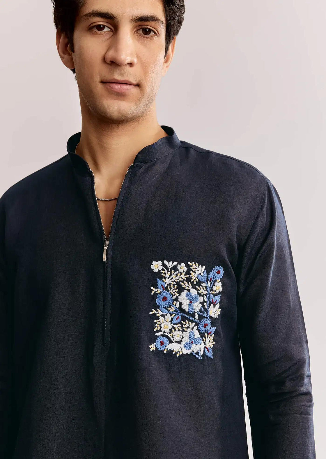 Blue Linen Kurta Set With Embroidery Elegant Designer Kurta Sets