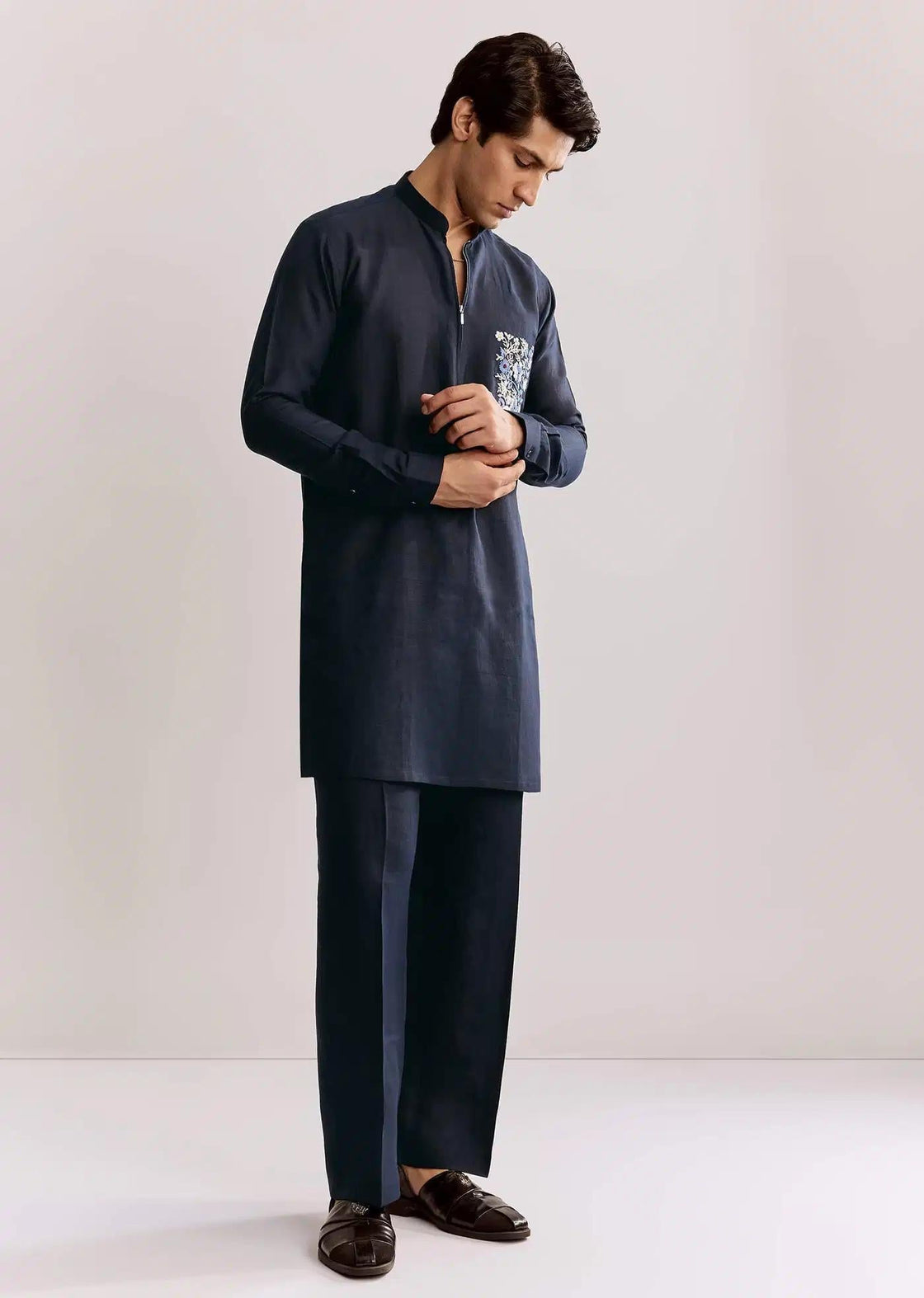 Blue Linen Kurta Set With Embroidery Elegant Designer Kurta Sets
