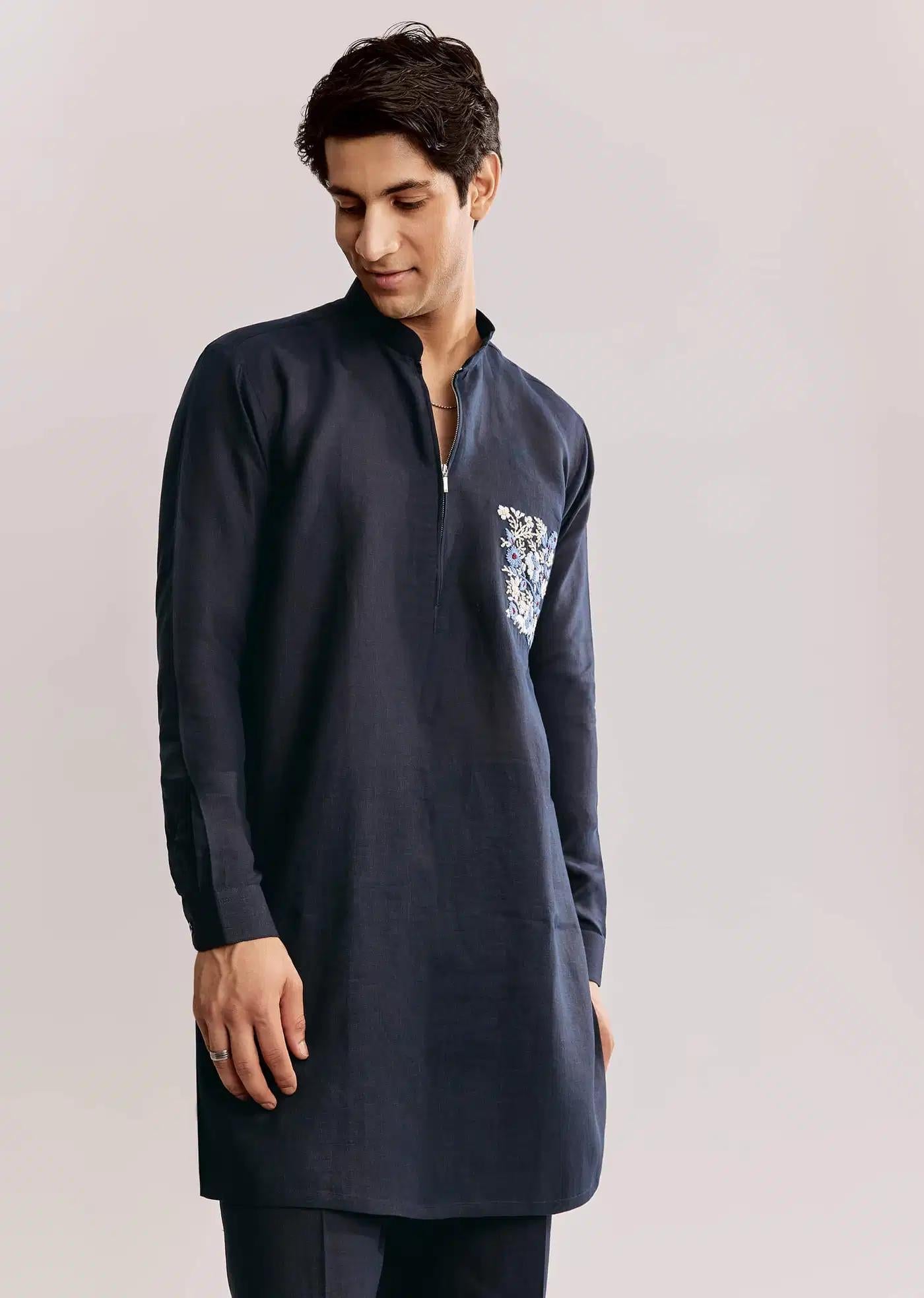 Blue Linen Kurta Set With Embroidery Elegant Designer Kurta Sets