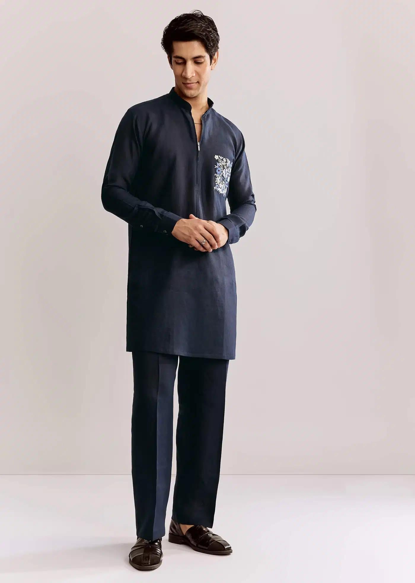 Blue Linen Kurta Set With Embroidery Elegant Designer Kurta Sets
