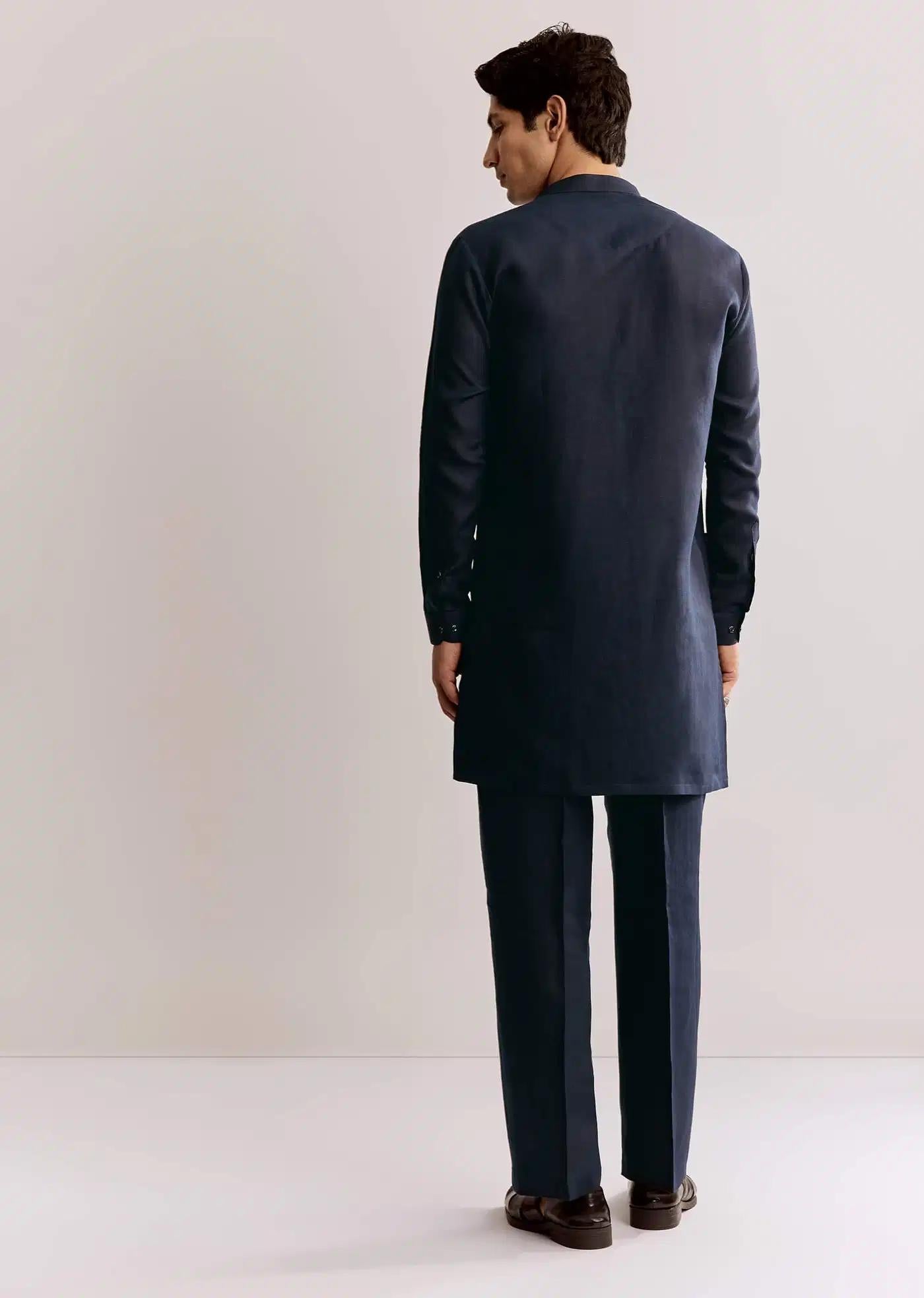 Blue Linen Kurta Set With Embroidery Elegant Designer Kurta Sets