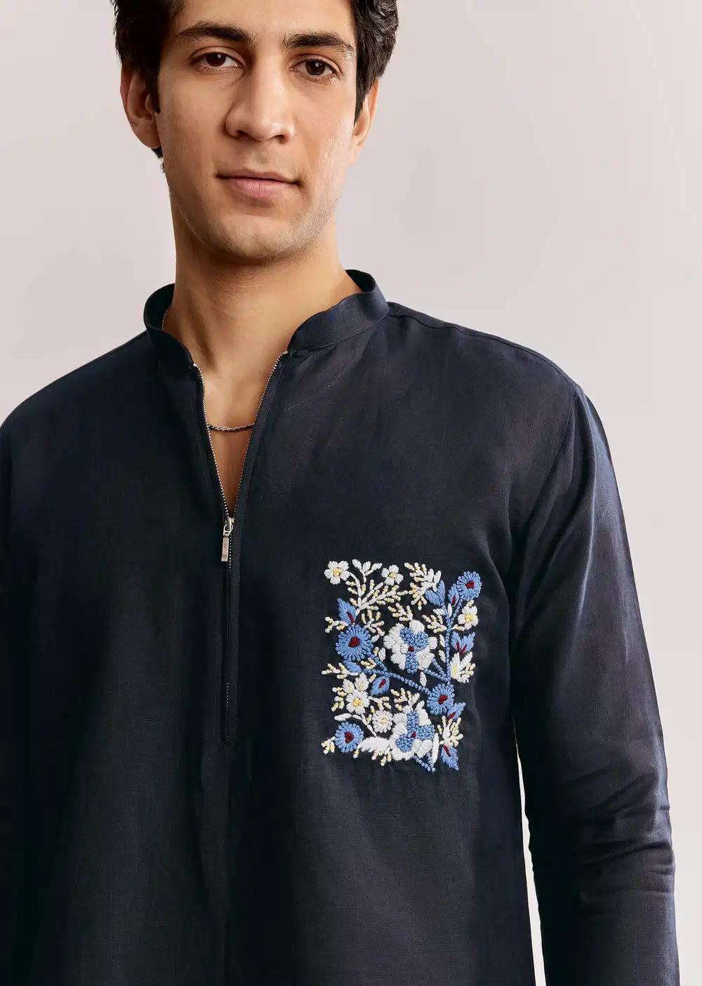Blue Linen Kurta Set With Embroidery Elegant Designer Kurta Sets