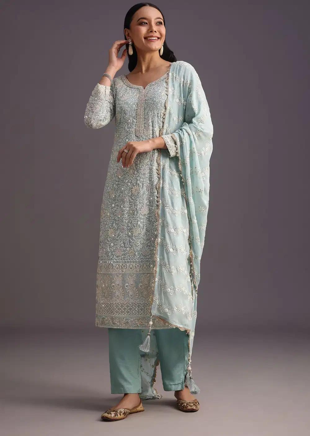 Blue Lucknowi Kurta Set With Resham Work Dupatta And Gotta Border
