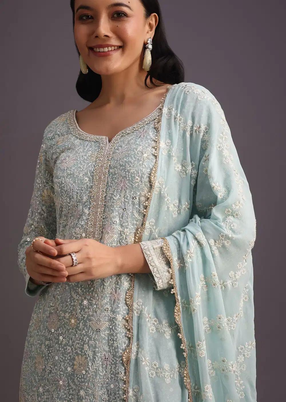 Blue Lucknowi Kurta Set With Resham Work Dupatta And Gotta Border