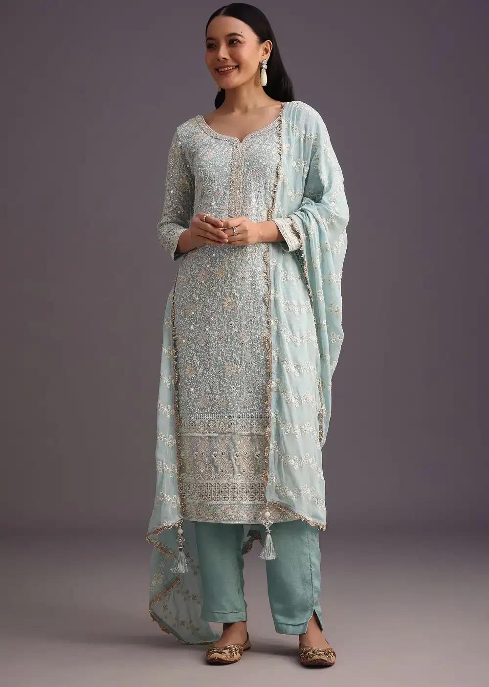 Blue Lucknowi Kurta Set With Resham Work Dupatta And Gotta Border