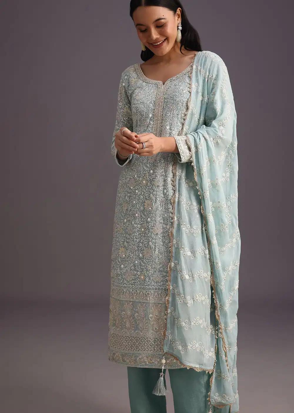 Blue Lucknowi Kurta Set With Resham Work Dupatta And Gotta Border