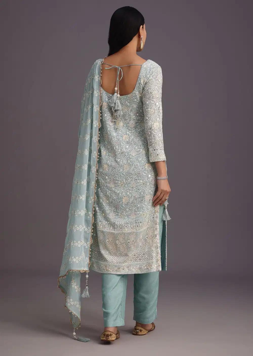 Blue Lucknowi Kurta Set With Resham Work Dupatta And Gotta Border