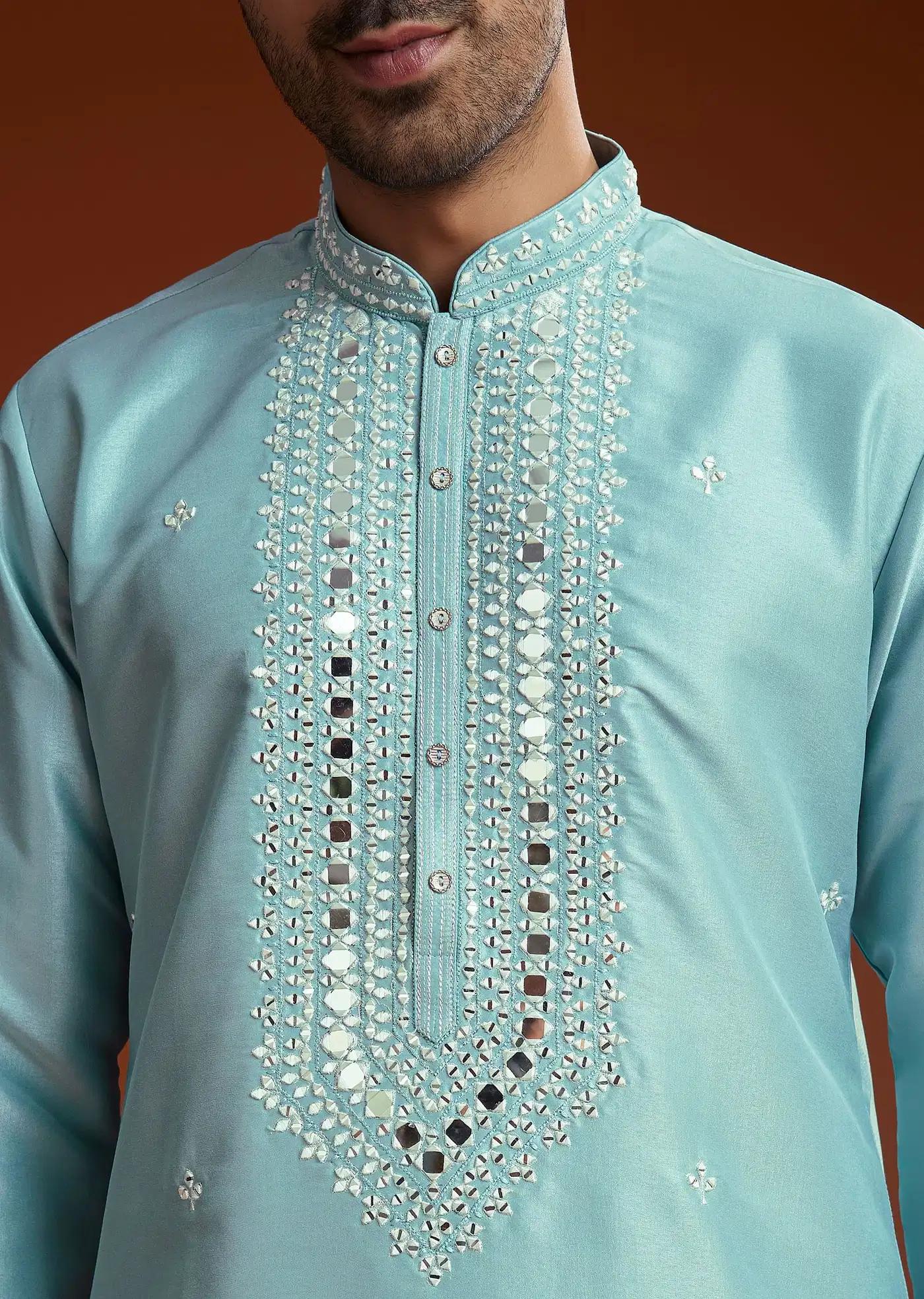 Blue Mirror Embellished Kurta Pant Set In Silk Elegant Designer Kurta Sets