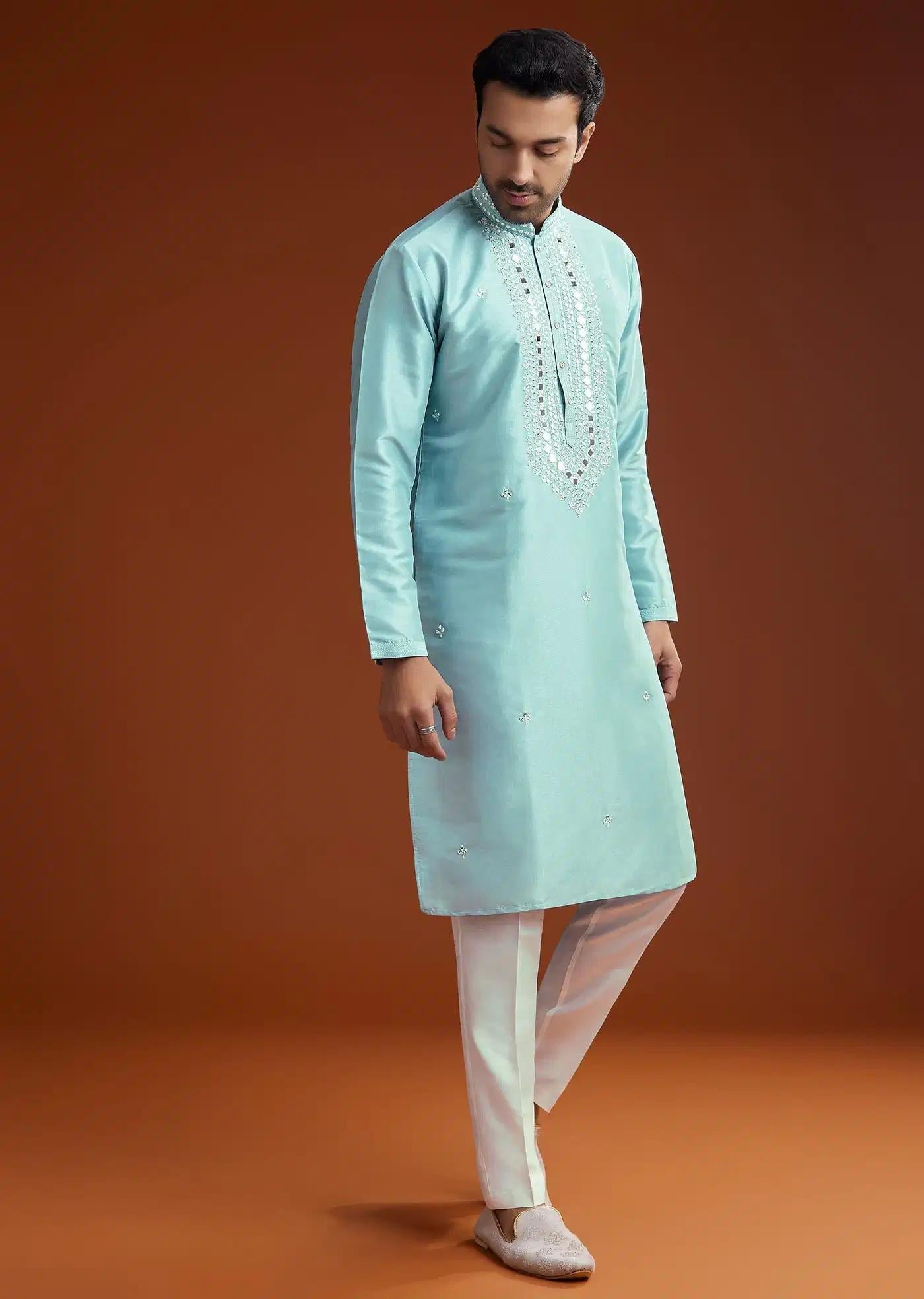 Blue Mirror Embellished Kurta Pant Set In Silk Elegant Designer Kurta Sets