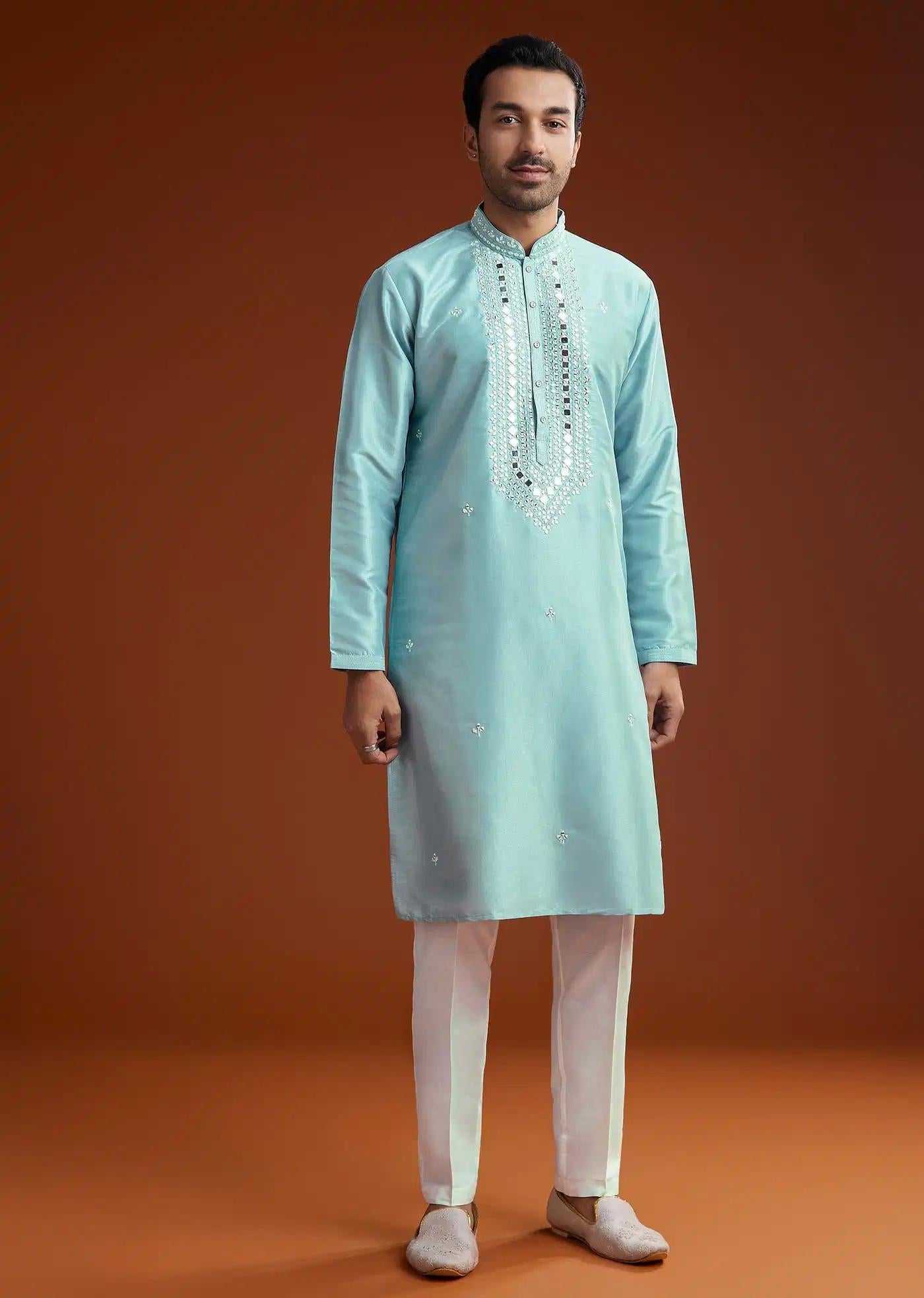 Blue Mirror Embellished Kurta Pant Set In Silk Elegant Designer Kurta Sets