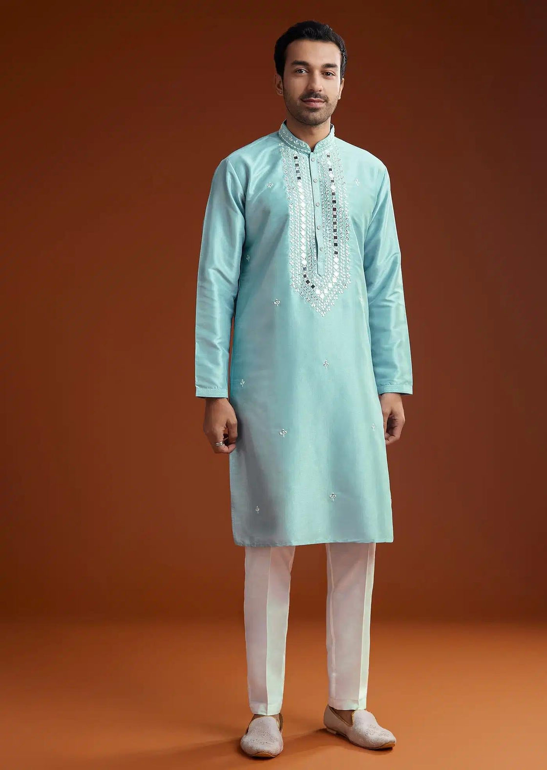 Blue Mirror Embellished Kurta Pant Set In Silk Elegant Designer Kurta Sets