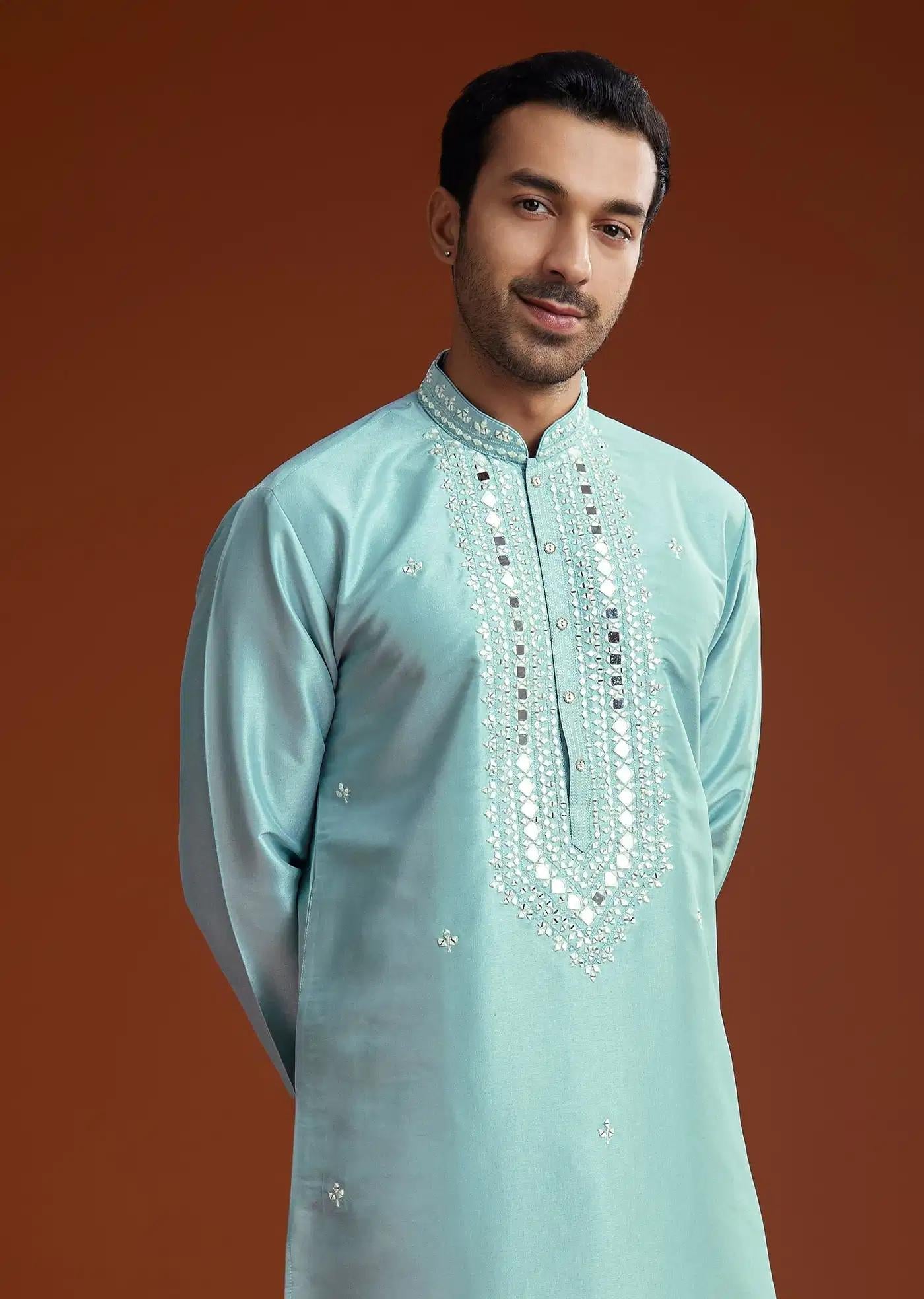 Blue Mirror Embellished Kurta Pant Set In Silk Elegant Designer Kurta Sets