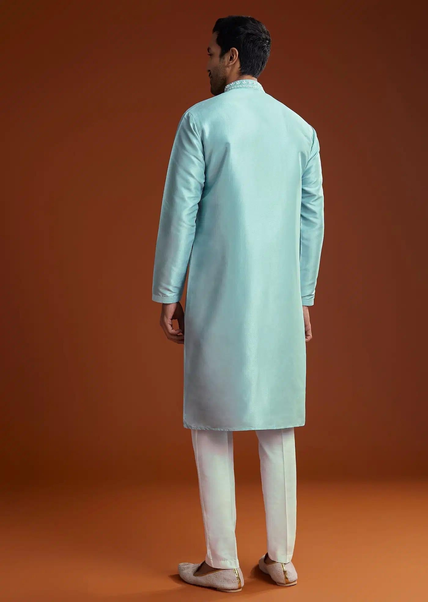 Blue Mirror Embellished Kurta Pant Set In Silk Elegant Designer Kurta Sets