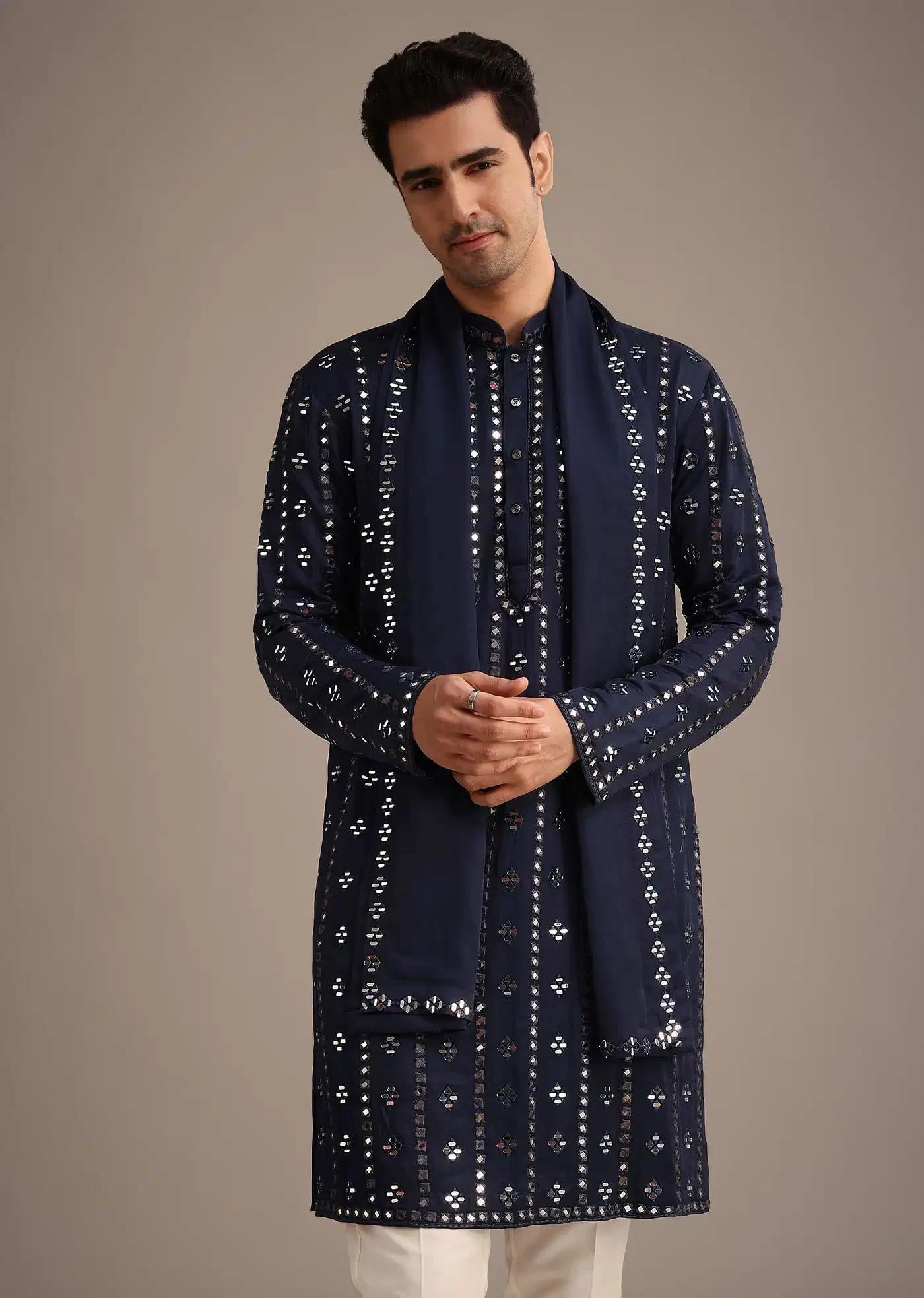 Blue Mirror Embellished Kurta Set With Dupatta Elegant Designer Kurta Sets