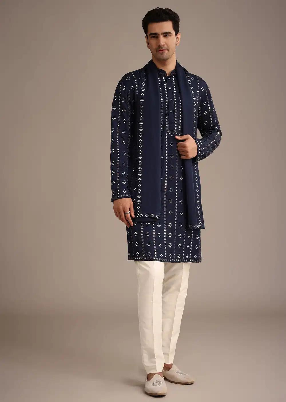 Blue Mirror Embellished Kurta Set With Dupatta Elegant Designer Kurta Sets
