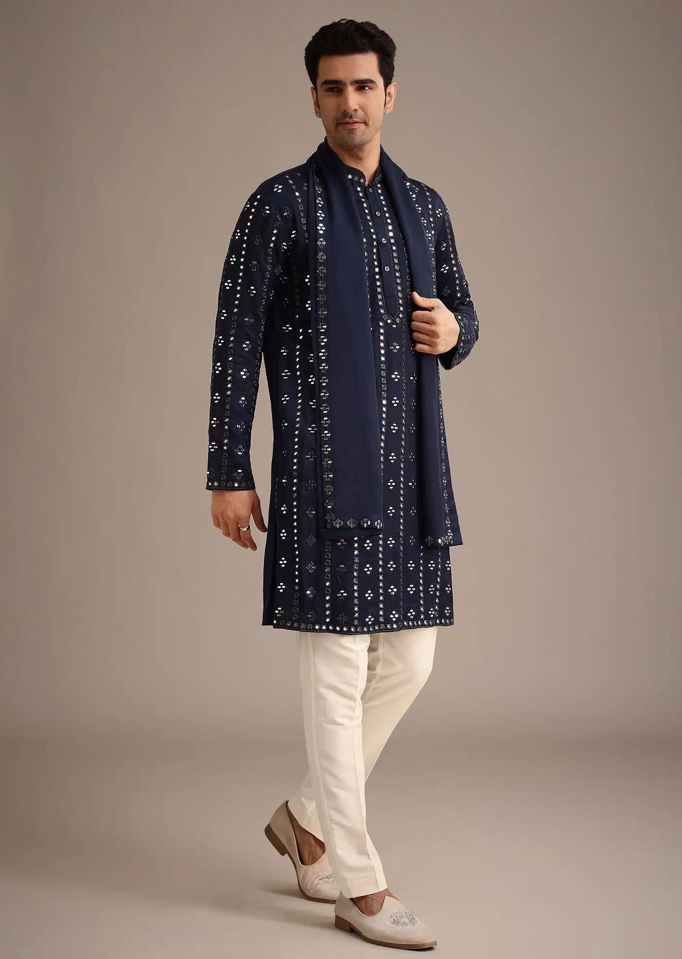 Blue Mirror Embellished Kurta Set With Dupatta Elegant Designer Kurta Sets