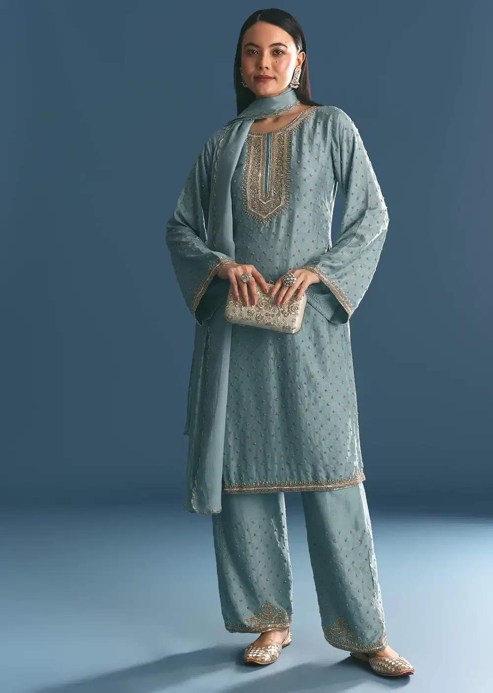 Blue Muslin Floral Print Kurta Dupatta Ensemble With Moti Cutdana Work Outfit