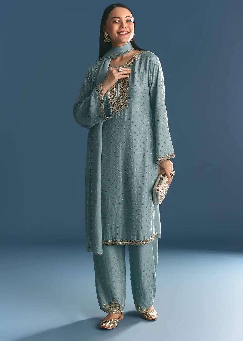 Blue Muslin Floral Print Kurta Dupatta Ensemble With Moti Cutdana Work Outfit